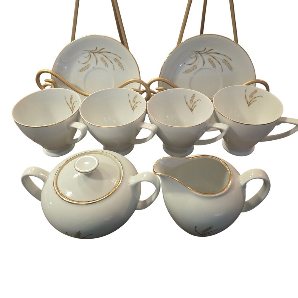 Vintage White Porcelain Golden Wheat Tea Set Sugar Creamer 4 Cups 2 Saucers